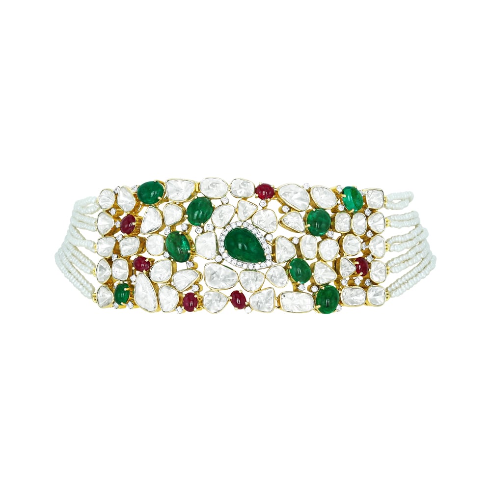 Emerald and Ruby Choker with Polki Diamonds and Pearl Strings